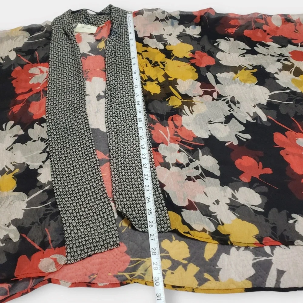 Elevenses Anthropologie 100% Silk Sheer Chiffon Floral Kimono Wrap OS Black Red